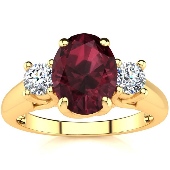 Garnet Ring: Garnet Jewelry: 1 3/4 Carat Oval Shape Garnet and Two Diamond Ring In 14 Karat Yellow Gold