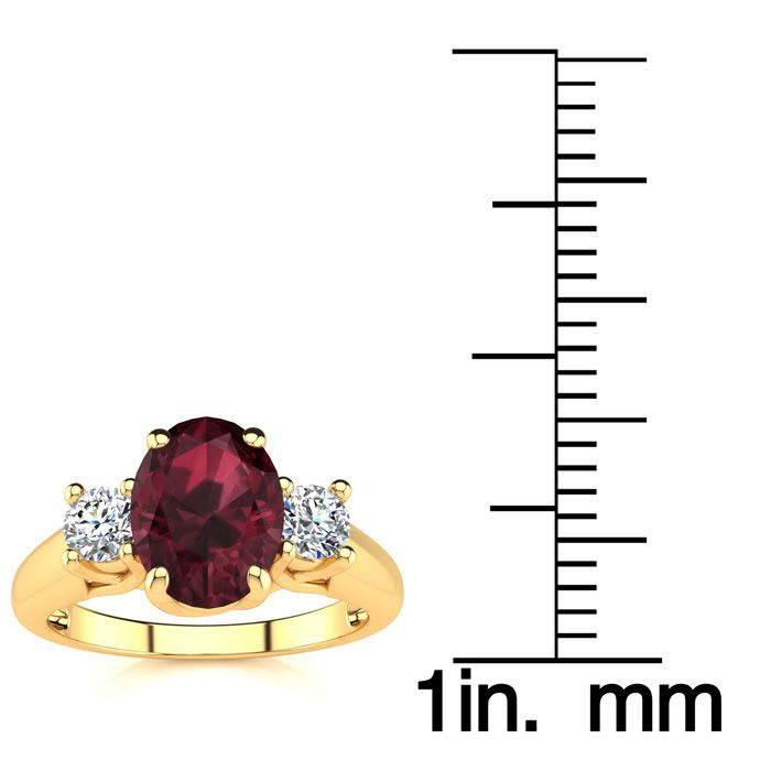 Garnet Ring: Garnet Jewelry: 1 3/4 Carat Oval Shape Garnet and Two Diamond Ring In 14 Karat Yellow Gold