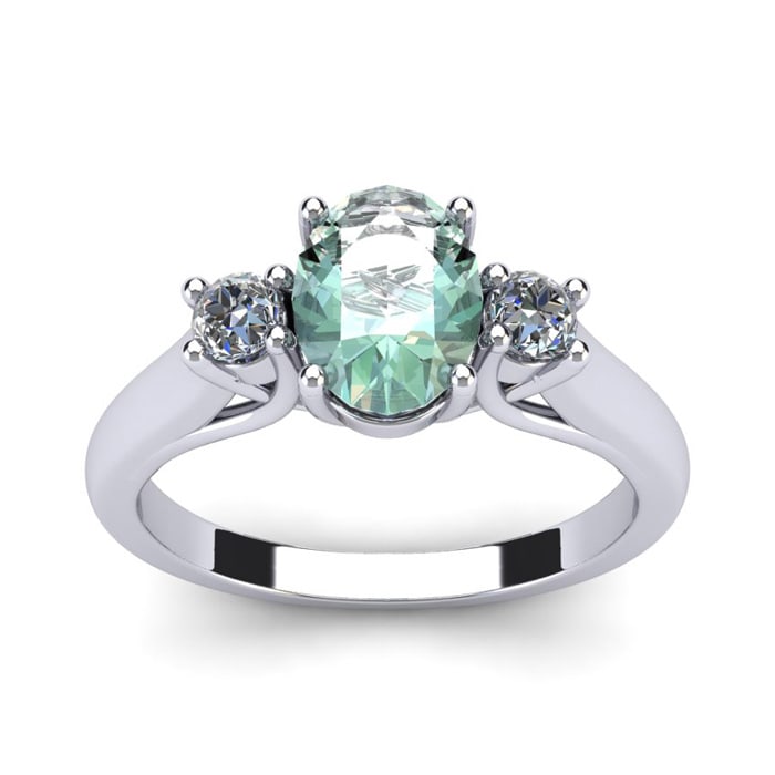 1 1/4 Carat Oval Shape Green Amethyst and Two Diamond Ring In 14 Karat White Gold