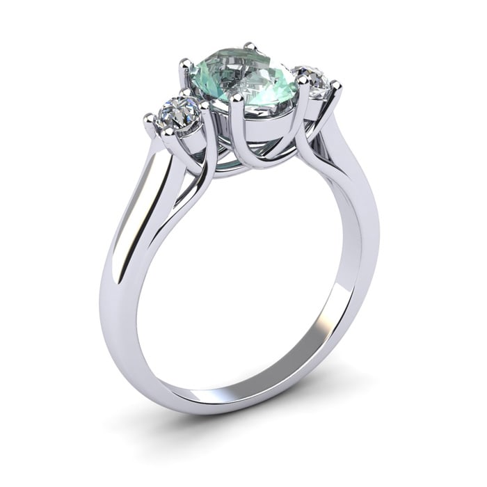 1 1/4 Carat Oval Shape Green Amethyst and Two Diamond Ring In 14 Karat White Gold