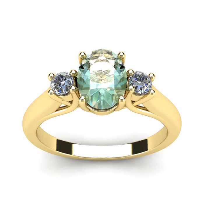 1 1/4 Carat Oval Shape Green Amethyst and Two Diamond Ring In 14 Karat Yellow Gold