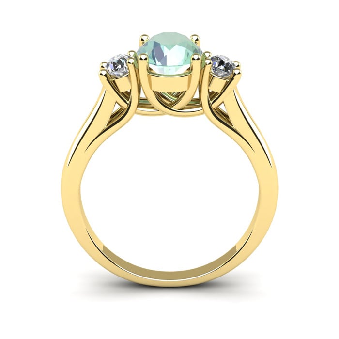 1 1/4 Carat Oval Shape Green Amethyst and Two Diamond Ring In 14 Karat Yellow Gold