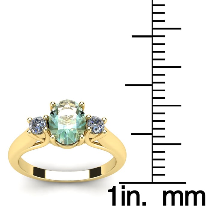 1 1/4 Carat Oval Shape Green Amethyst and Two Diamond Ring In 14 Karat Yellow Gold