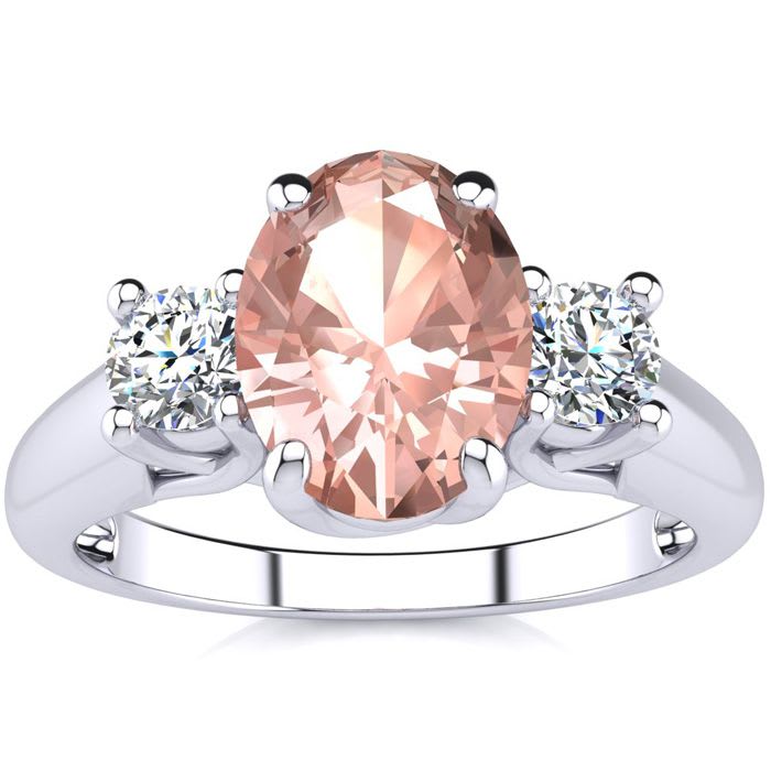 1-1/3 Carat Oval Shape Morganite and Two Diamond Ring In 14 Karat White Gold