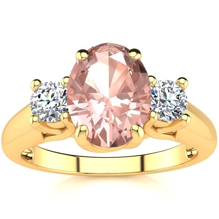 1-1/3 Carat Oval Shape Morganite and Two Diamond Ring In 14 Karat Yellow Gold