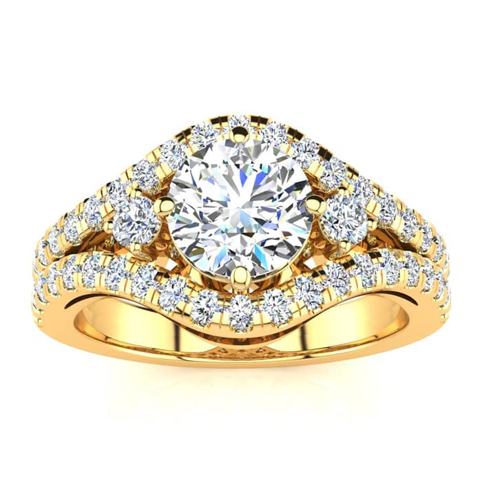 14K Yellow Gold 2 Carat Fancy Diamond Engagement Ring, With 1.25 Carat Center