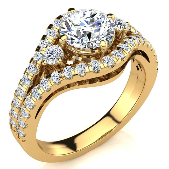 14K Yellow Gold 2 Carat Fancy Diamond Engagement Ring, With 1.25 Carat Center