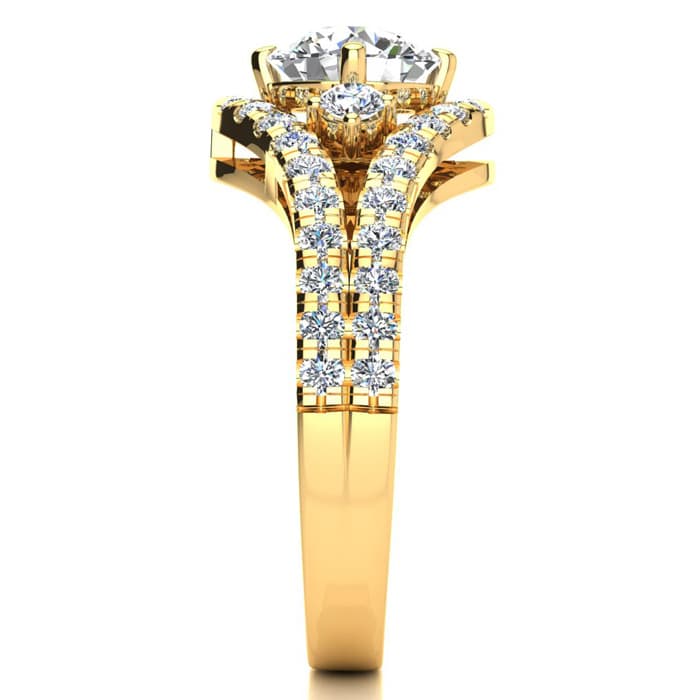 14K Yellow Gold 2 Carat Fancy Diamond Engagement Ring, With 1.25 Carat Center