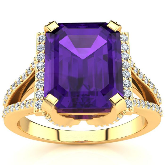 4 Carat Amethyst and Halo Diamond Ring In 14 Karat Yellow Gold
