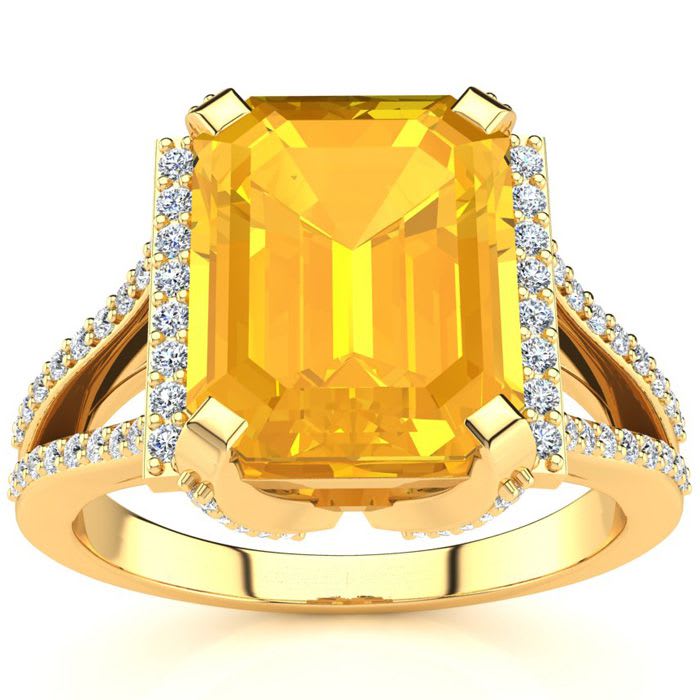 4 Carat Citrine and Halo Diamond Ring In 14 Karat Yellow Gold