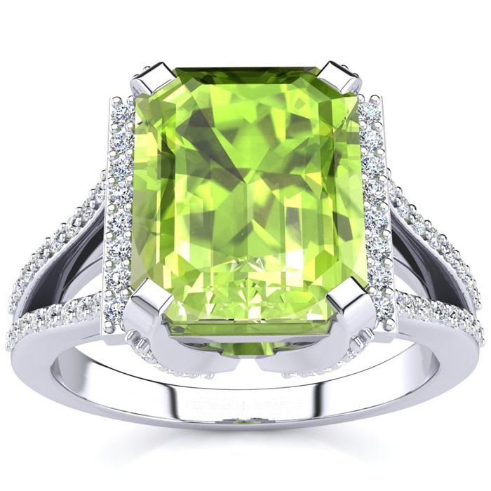 4 Carat Peridot and Halo Diamond Ring In 14 Karat White Gold
