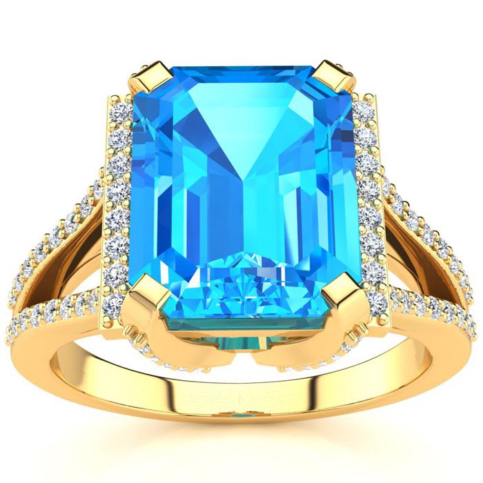 4 Carat Blue Topaz and Halo Diamond Ring In 14 Karat Yellow Gold
