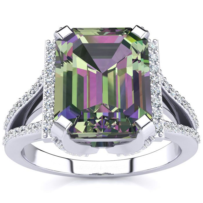 4 Carat Octoagon Shape Mystic Topaz Ring With Diamonds In 14 Karat White Gold