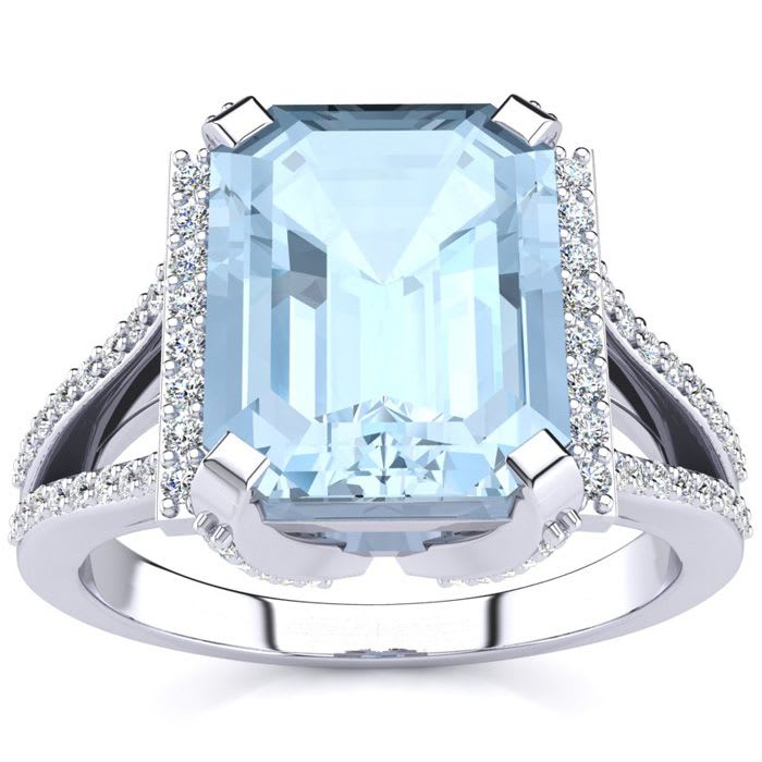 Aquamarine Ring: Aquamarine Jewelry: 4 Carat Aquamarine and Halo Diamond Ring In 14 Karat White Gold
