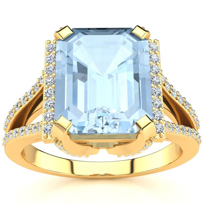 Aquamarine Ring: Aquamarine Jewelry: 4 Carat Aquamarine and Halo Diamond Ring In 14 Karat Yellow Gold
