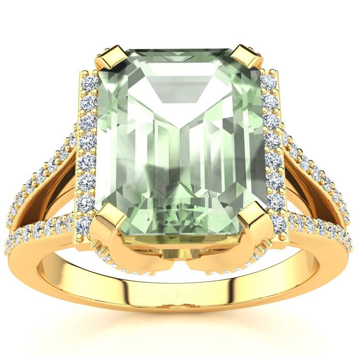 4 Carat Green Amethyst and Halo Diamond Ring In 14 Karat Yellow Gold