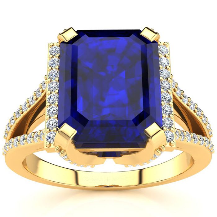 4 Carat Sapphire and Halo Diamond Ring In 14 Karat Yellow Gold