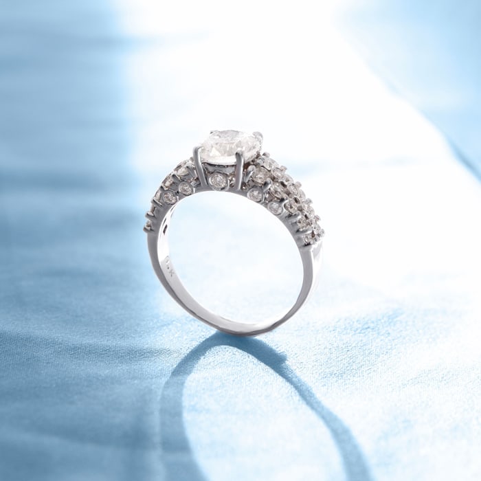 14K White Gold 2 1/3 Carat Fancy Diamond Engagement Ring, With 1.25 Carat Center