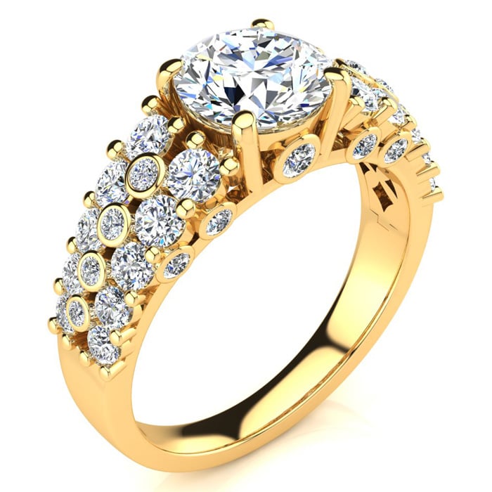 14K Yellow Gold 2 1/3 Carat Fancy Diamond Engagement Ring, With 1.25 Carat Center