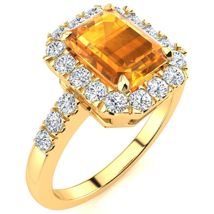 2 Carat Citrine and Halo Diamond Ring In 14 Karat Yellow Gold