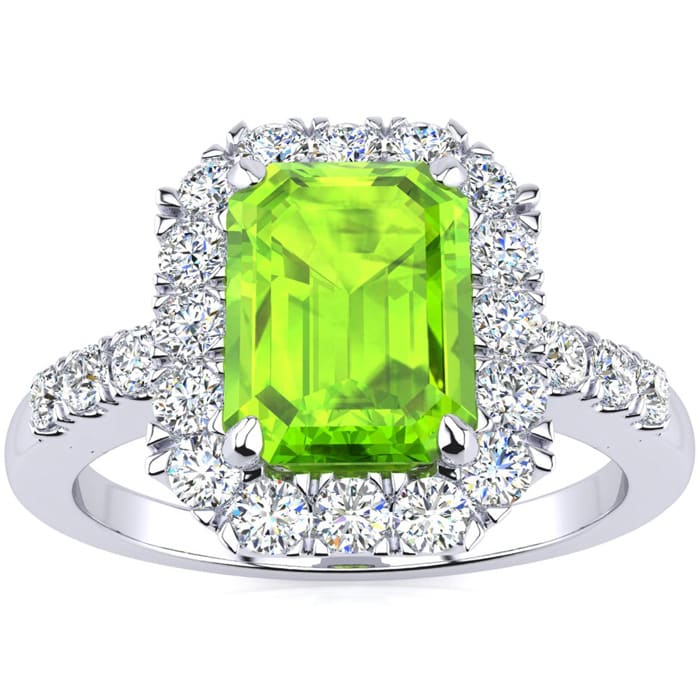 2 1/4 Carat Peridot and Halo Diamond Ring In 14 Karat White Gold