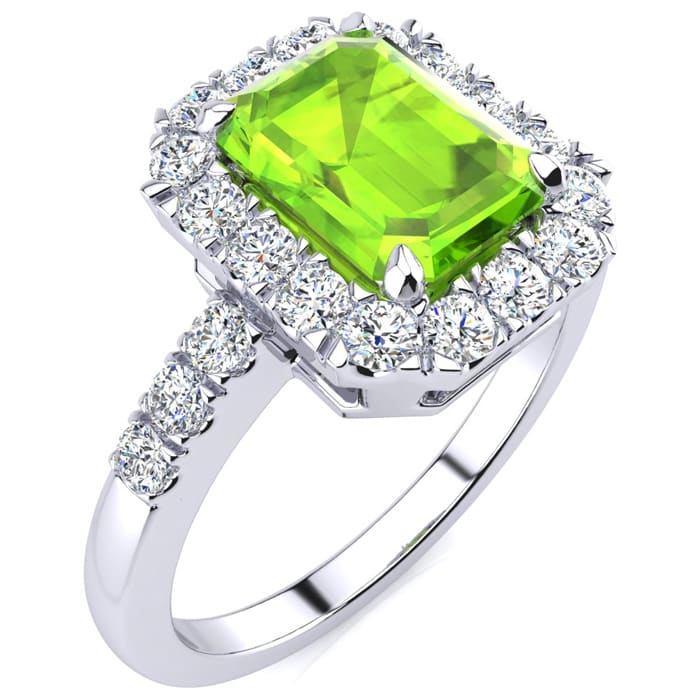 2 1/4 Carat Peridot and Halo Diamond Ring In 14 Karat White Gold