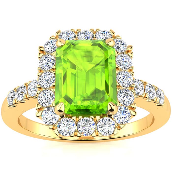2 1/4 Carat Peridot and Halo Diamond Ring In 14 Karat Yellow Gold