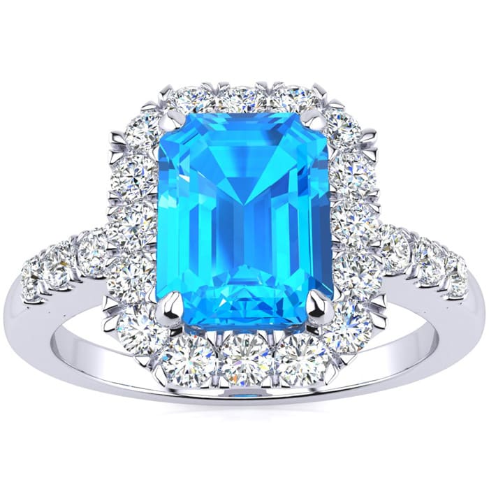 2 1/2 Carat Blue Topaz and Halo Diamond Ring In 14 Karat White Gold
