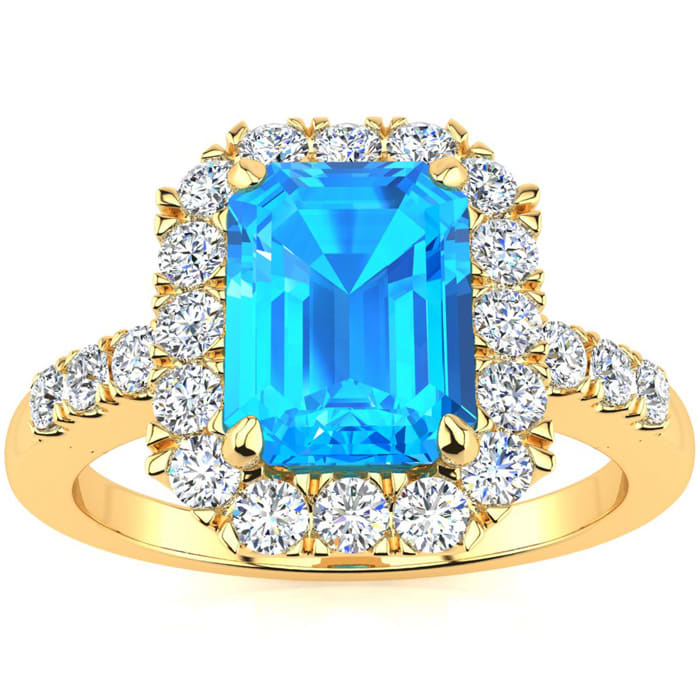 2 1/2 Carat Blue Topaz and Halo Diamond Ring In 14 Karat Yellow Gold
