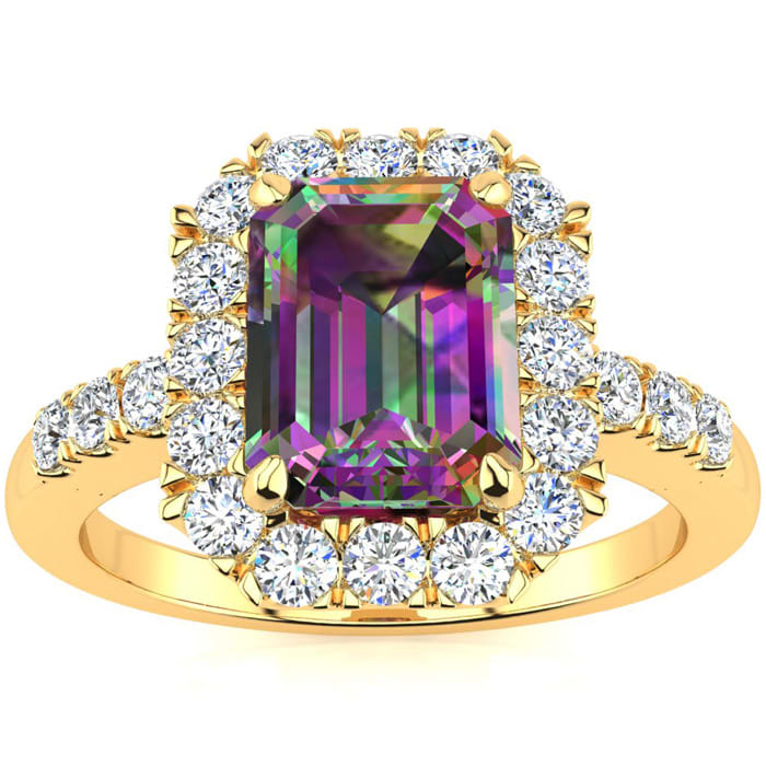 2 Carat Octagon Shape Mystic Topaz With Diamond Halo In 14 Karat Yellow Gold