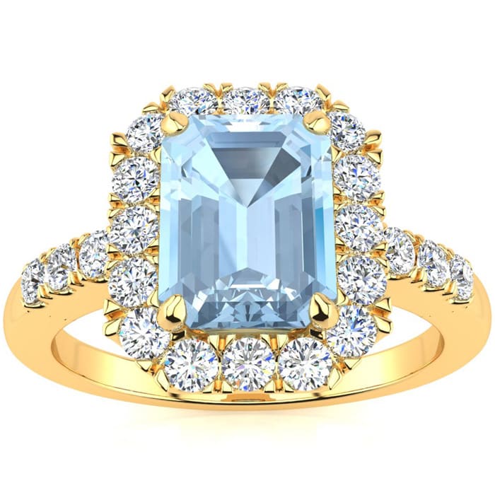 Aquamarine Ring: Aquamarine Jewelry: 2 Carat Aquamarine and Halo Diamond Ring In 14 Karat Yellow Gold
