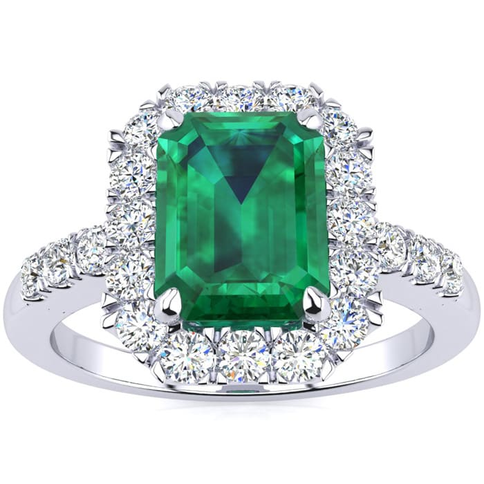 2 Carat Emerald and Halo Diamond Ring In 14 Karat White Gold