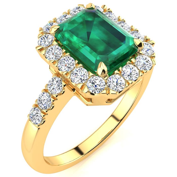 2 Carat Emerald and Halo Diamond Ring In 14 Karat Yellow Gold