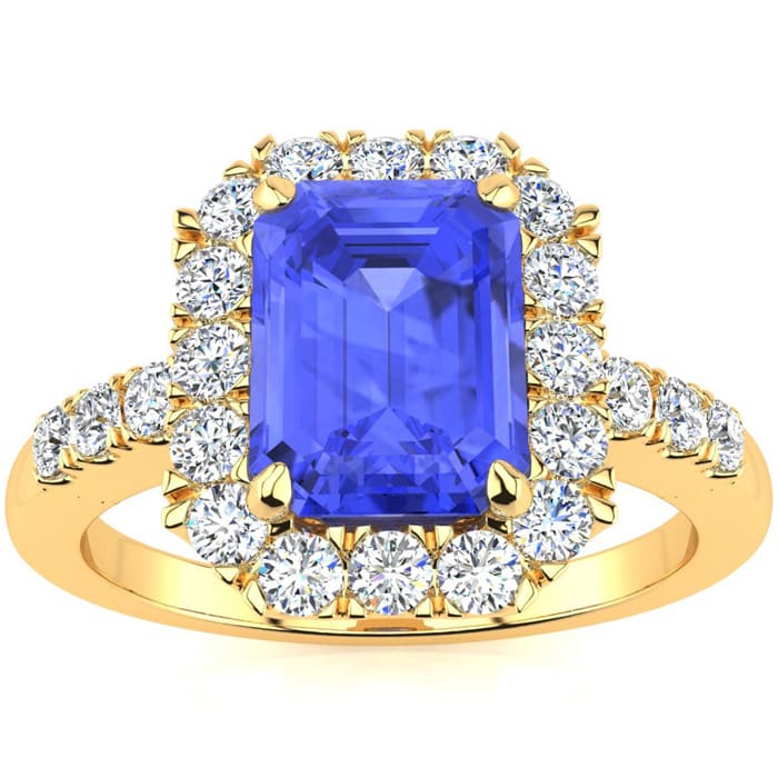 2 1/4 Carat Tanzanite and Halo Diamond Ring In 14 Karat Yellow Gold