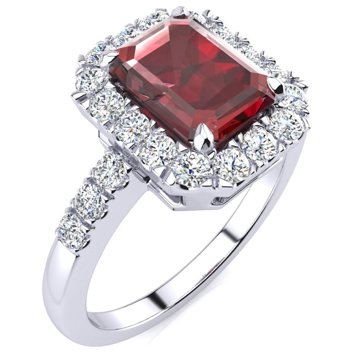 Garnet Ring: Garnet Jewelry: 2 1/2 Carat Garnet and Halo Diamond Ring In 14 Karat White Gold