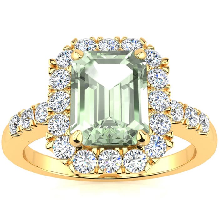 2 Carat Green Amethyst and Halo Diamond Ring In 14 Karat Yellow Gold