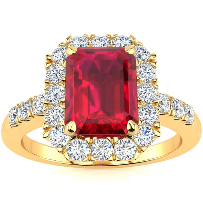 2 3/4 Carat Ruby and Halo Diamond Ring In 14 Karat Yellow Gold