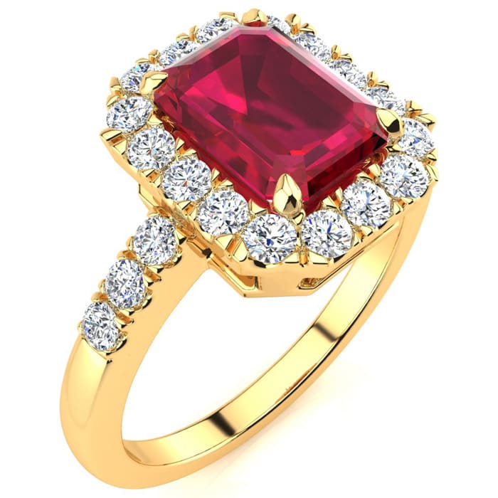 2 3/4 Carat Ruby and Halo Diamond Ring In 14 Karat Yellow Gold