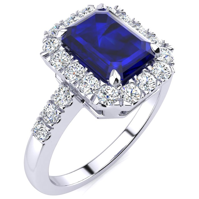 2 3/4 Carat Sapphire and Halo Diamond Ring In 14 Karat White Gold