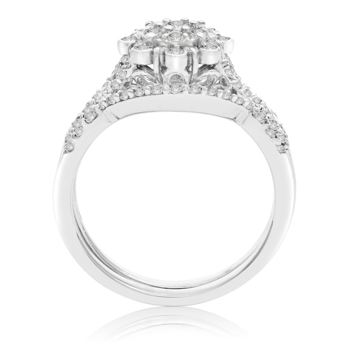 3/4 Carat Floral Halo Diamond Bridal Set in 14 Karat White Gold