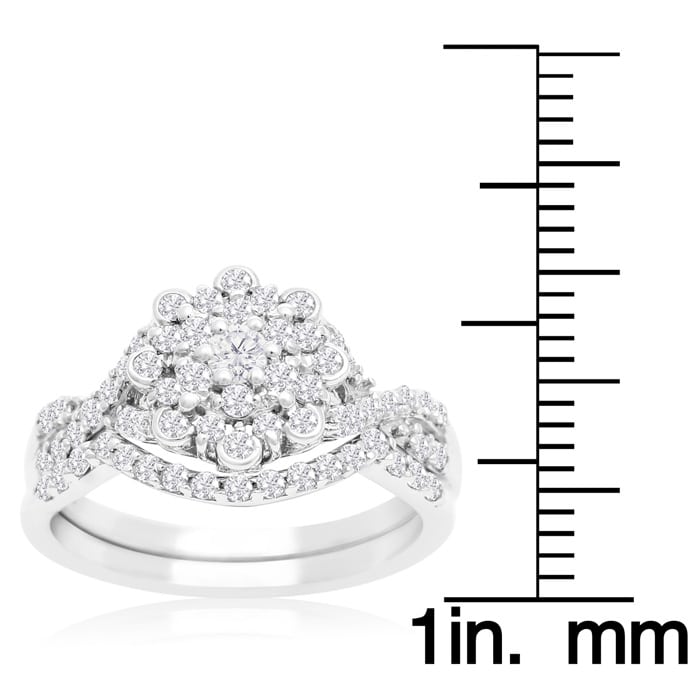3/4 Carat Floral Halo Diamond Bridal Set in 14 Karat White Gold