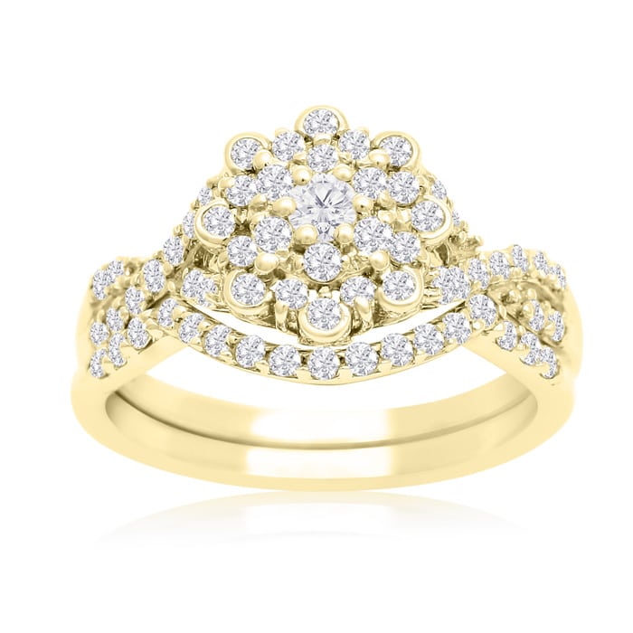 3/4 Carat Floral Halo Diamond Bridal Set in 14 Karat Yellow Gold

