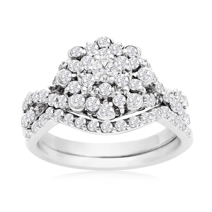 1 Carat Floral Halo Diamond Bridal Set in 14 Karat White Gold

