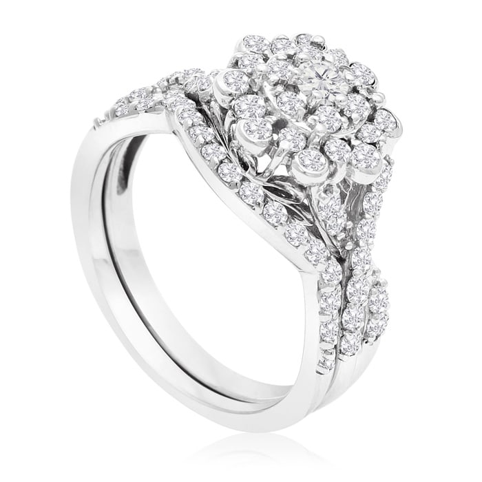 1 Carat Floral Halo Diamond Bridal Set in 14 Karat White Gold

