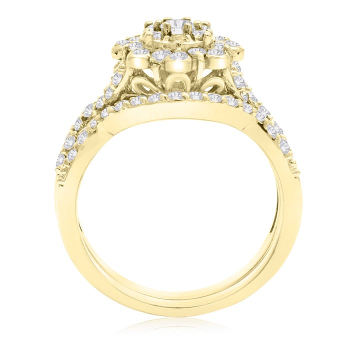 1 Carat Floral Halo Diamond Bridal Set in 14 Karat Yellow Gold

