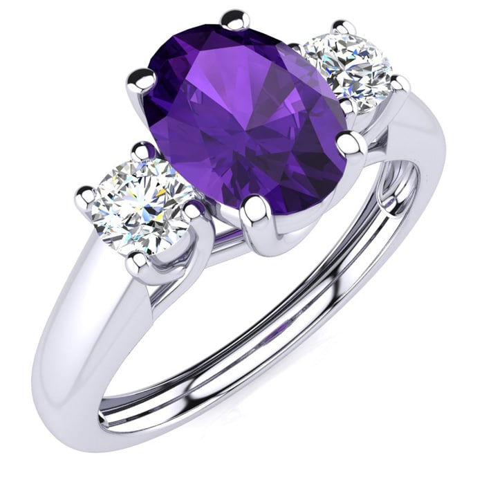 1 Carat Oval Shape Amethyst and Two Diamond Ring In 14 Karat White Gold