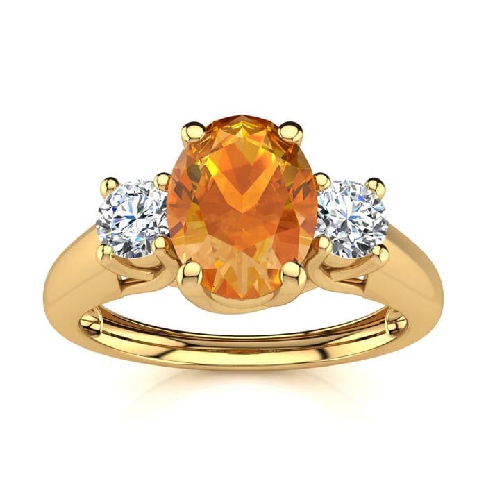 1 Carat Oval Shape Citrine and Two Diamond Ring In 14 Karat Yellow Gold