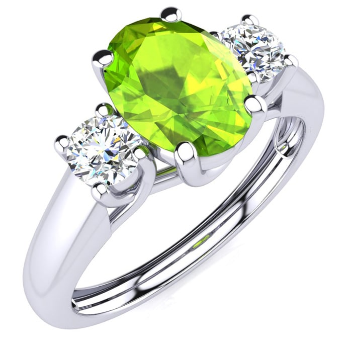 1 Carat Oval Shape Peridot and Two Diamond Ring In 14 Karat White Gold