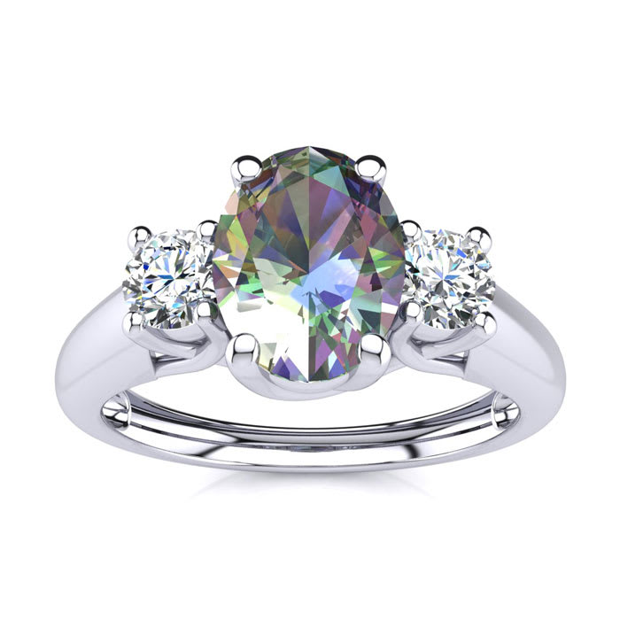 1-1/5 Carat Oval Shape Mystic Topaz Ring With Two Diamonds In 14 Karat White Gold