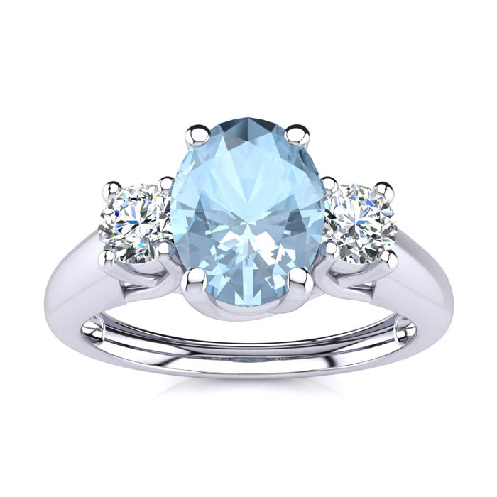 Aquamarine Ring: Aquamarine Jewelry: 1 Carat Oval Shape Aquamarine and Two Diamond Ring In 14 Karat White Gold
